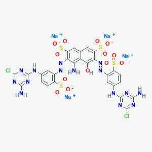 molecular formula C28H17Cl2N15Na4O13S4 B15192700 Tetrasodium 4-amino-3,6-bis((5-((4-amino-6-chloro-1,3,5-triazin-2-yl)amino)-2-sulphonatophenyl)azo)-5-hydroxynaphthalene-2,7-disulphonate CAS No. 85631-74-9