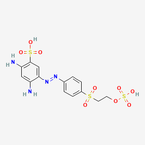 molecular formula C14H16N4O9S3 B15193207 Benzenesulfonic acid, 2,4-diamino-5-(2-(4-((2-(sulfooxy)ethyl)sulfonyl)phenyl)diazenyl)- CAS No. 27624-67-5