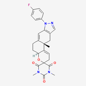 molecular formula C26H25FN4O4 B15193323 Spiro((1)benzopyrano(5,6-F)indazole-3(2H),5'(2'H)-pyrimidine)-2',4',6'(1'H,3'H)-trione, 8-(4-fluorophenyl)-4a,5,6,8,11,11a-hexahydro-1',3',11a-trimethyl-, trans- CAS No. 83982-92-7