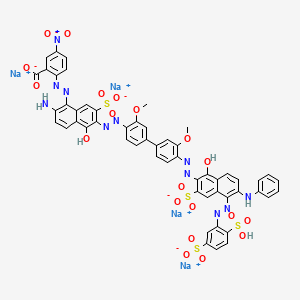 molecular formula C53H35N11Na4O20S4 B15193591 Benzoic acid, 2-((2-amino-6-((4'-((5-((2,5-disulfophenyl)azo)-1-hydroxy-6-(phenylamino)-3-sulfo-2-naphthalenyl)azo)-3,3'-dimethoxy(1,1'-biphenyl)-4-yl)azo)-5-hydroxy-7-sulfo-1-naphthalenyl)azo)-5-nitro-, tetrasodium salt CAS No. 75522-93-9