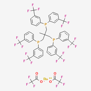 molecular formula C51H33F24O4P3Ru B15193596 Ruthenium, ((2-((bis(3-(trifluoromethyl)phenyl)phosphino-kappaP)methyl)-2-methyl-1,3-propanediyl)bis(bis(3-(trifluoromethyl)phenyl)phosphine-kappaP))(trifluoroacetato-kappaO)(trifluoroacetato-kappaO,kappaO')-, (OC-6-32)- CAS No. 249631-03-6