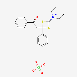 molecular formula C20H22ClNO5S2 B15193951 Ethanaminium, N-ethyl-N-(4-(2-oxo-2-phenylethyl)-4-phenyl-1,3-dithietan-2-ylidene)-, perchlorate CAS No. 102732-66-1