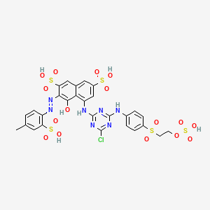 molecular formula C28H24ClN7O16S5 B15194331 2,7-Naphthalenedisulfonic acid, 5-((4-chloro-6-((4-((2-(sulfooxy)ethyl)sulfonyl)phenyl)amino)-1,3,5-triazin-2-yl)amino)-4-hydroxy-3-((4-methyl-2-sulfophenyl)azo)-, tetrasodium salt CAS No. 75150-16-2