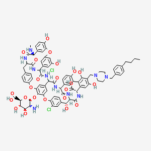 molecular formula C81H80Cl2N10O23 B15194746 (1S,2R,19R,22S,34S,37R,40R,52S)-64-[(2S,3R,4R,5S,6S)-3-amino-6-carboxy-4,5-dihydroxyoxan-2-yl]oxy-48-[[4-[(4-butylphenyl)methyl]piperazin-1-yl]methyl]-5,32-dichloro-2,26,31,44,47,49-hexahydroxy-22-(methylamino)-21,35,38,54,56,59-hexaoxo-7,13,28-trioxa-20,36,39,53,55,58-hexazaundecacyclo[38.14.2.23,6.214,17.219,34.18,12.123,27.129,33.141,45.010,37.046,51]hexahexaconta-3,5,8,10,12(64),14(63),15,17(62),23(61),24,26,29(60),30,32,41(57),42,44,46,48,50,65-henicosaene-52-carboxylic acid 