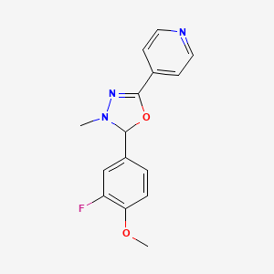 molecular formula C15H14FN3O2 B15195027 Pyridine, 4-(5-(3-fluoro-4-methoxyphenyl)-4,5-dihydro-4-methyl-1,3,4-oxadiazol-2-yl)- CAS No. 160816-78-4
