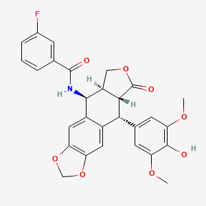 molecular formula C28H24FNO8 B15195623 N-[(5S,5aS,8aR,9R)-9-(4-hydroxy-3,5-dimethoxyphenyl)-8-oxo-5a,6,8a,9-tetrahydro-5H-[2]benzofuro[5,6-f][1,3]benzodioxol-5-yl]-3-fluorobenzamide CAS No. 147912-43-4