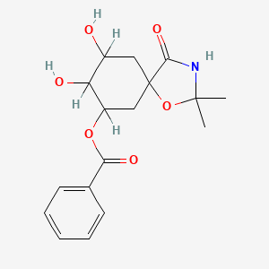 molecular formula C17H21NO6 B15196167 8,9-Dihydroxy-2,2-dimethyl-4-oxo-1-oxa-3-azaspiro(4.5)dec-7-yl benzoate CAS No. 76374-29-3