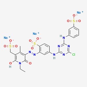 molecular formula C24H20ClN8Na3O11S3 B15196367 trisodium;4-[[4-chloro-6-(3-sulfonatoanilino)-1,3,5-triazin-2-yl]amino]-2-[[1-ethyl-6-hydroxy-4-methyl-2-oxo-5-(sulfonatomethyl)pyridin-3-yl]diazenyl]benzenesulfonate CAS No. 89923-43-3