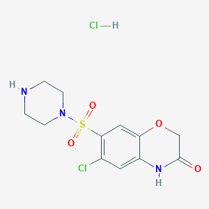molecular formula C12H15Cl2N3O4S B1520012 6-chloro-7-(piperazine-1-sulfonyl)-3,4-dihydro-2H-1,4-benzoxazin-3-one hydrochloride CAS No. 1172549-33-5