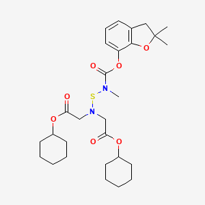 molecular formula C28H40N2O7S B15211478 Glycine, N-(2-(cyclohexyloxy)-2-oxoethyl)-N-(((((2,3-dihydro-2,2-dimethyl-7-benzofuranyl)oxy)carbonyl)methylamino)thio)-, cyclohexyl ester CAS No. 82560-38-1