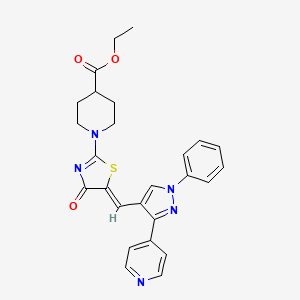 molecular formula C26H25N5O3S B15211961 Ethyl 1-(4-oxo-5-((1-phenyl-3-(pyridin-4-yl)-1H-pyrazol-4-yl)methylene)-4,5-dihydrothiazol-2-yl)piperidine-4-carboxylate 