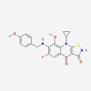 molecular formula C22H20FN3O4S B15212019 9-Cyclopropyl-6-fluoro-8-methoxy-7-{[(4-methoxyphenyl)methyl]amino}[1,2]thiazolo[5,4-b]quinoline-3,4(2H,9H)-dione CAS No. 936255-65-1