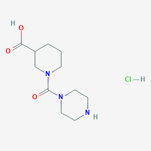 molecular formula C11H20ClN3O3 B1521307 1-(Piperazine-1-carbonyl)piperidine-3-carboxylic acid hydrochloride CAS No. 1172442-08-8