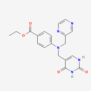 molecular formula C19H19N5O4 B15213424 ethyl 4-[(2,4-dioxo-1H-pyrimidin-5-yl)methyl-(pyrazin-2-ylmethyl)amino]benzoate CAS No. 7548-89-2