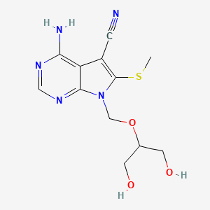 molecular formula C12H15N5O3S B15216577 7H-Pyrrolo(2,3-d)pyrimidine-5-carbonitrile, 4-amino-7-((2-hydroxy-1-(hydroxymethyl)ethoxy)methyl)-6-(methylthio)- CAS No. 127945-86-2