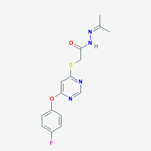 molecular formula C15H15FN4O2S B152198 Acetic acid, ((6-(4-fluorophenoxy)-4-pyrimidinyl)thio)-, (1-methylethylidene)hydrazide CAS No. 137927-78-7