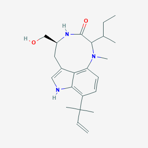 molecular formula C23H33N3O2 B152223 (13S)-10-Butan-2-yl-13-(hydroxymethyl)-9-methyl-5-(2-methylbut-3-en-2-yl)-3,9,12-triazatricyclo[6.6.1.04,15]pentadeca-1,4,6,8(15)-tetraen-11-one CAS No. 138590-60-0