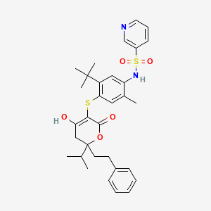 molecular formula C32H38N2O5S2 B15233300 n-(5-Tert-butyl-4-{[6-hydroxy-4-oxo-2-(2-phenylethyl)-2-(propan-2-yl)-3,4-dihydro-2h-pyran-5-yl]sulfanyl}-2-methylphenyl)pyridine-3-sulfonamide CAS No. 263842-76-8
