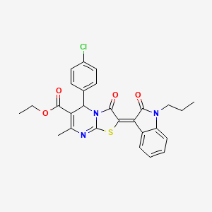 molecular formula C27H24ClN3O4S B15242217 Ethyl 5-(4-chlorophenyl)-7-methyl-3-oxo-2-(2-oxo-1-propylindolin-3-ylidene)-3,5-dihydro-2H-thiazolo[3,2-a]pyrimidine-6-carboxylate 