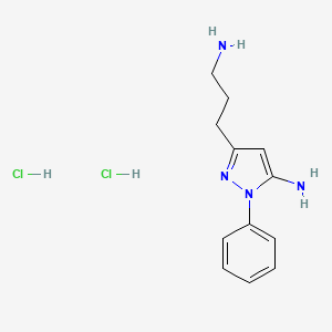 molecular formula C12H18Cl2N4 B1524494 3-(3-aminopropyl)-1-phenyl-1H-pyrazol-5-amine dihydrochloride CAS No. 1315367-93-1