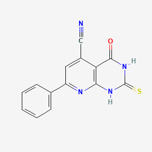 molecular formula C14H8N4OS B15246375 4-Oxo-7-phenyl-2-sulfanylidene-1,2,3,4-tetrahydropyrido[2,3-d]pyrimidine-5-carbonitrile CAS No. 950829-79-5