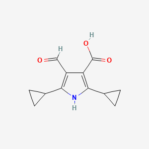 molecular formula C12H13NO3 B15262486 2,5-Dicyclopropyl-4-formyl-1H-pyrrole-3-carboxylic acid 
