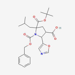 molecular formula C25H32N2O7 B15267328 1-[(Benzyloxy)carbonyl]-5-[(tert-butoxy)carbonyl]-5-(2-methylpropyl)-2-(1,3-oxazol-5-yl)pyrrolidine-3-carboxylic acid 