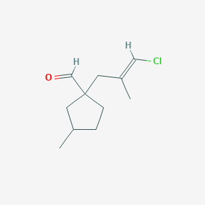 molecular formula C11H17ClO B15269125 1-(3-Chloro-2-methylprop-2-en-1-yl)-3-methylcyclopentane-1-carbaldehyde 