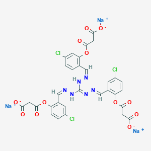 molecular formula C31H20Cl3N6Na3O12 B15279315 Sodium 3-(2-((Z)-(2-((E)-((Z)-2-(2-(2-carboxylatoacetoxy)-4-chlorobenzylidene)hydrazinyl)((E)-(2-(2-carboxylatoacetoxy)-5-chlorobenzylidene)hydrazono)methyl)hydrazono)methyl)-4-chlorophenoxy)-3-oxopropanoate 