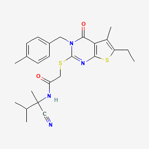 molecular formula C25H30N4O2S2 B15280092 N-(1-cyano-1,2-dimethylpropyl)-2-({6-ethyl-5-methyl-3-[(4-methylphenyl)methyl]-4-oxo-3H,4H-thieno[2,3-d]pyrimidin-2-yl}sulfanyl)acetamide 