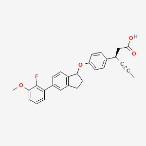molecular formula C28H25FO4 B15281290 (3R)-3-(4-((5-(2-Fluoro-3-methoxyphenyl)-2,3-dihydro-1H-inden-1-yl)oxy)phenyl)hex-4-ynoic acid 