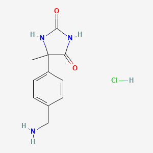 molecular formula C11H14ClN3O2 B1528279 5-[4-(Aminomethyl)phenyl]-5-methylimidazolidine-2,4-dione hydrochloride CAS No. 1803589-13-0