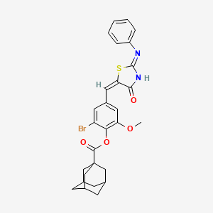 molecular formula C28H27BrN2O4S B15284527 2-Bromo-6-methoxy-4-{[4-oxo-2-(phenylimino)-1,3-thiazolidin-5-ylidene]methyl}phenyl 1-adamantanecarboxylate 