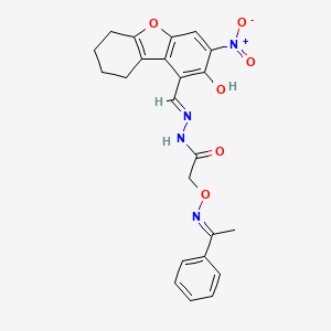 molecular formula C23H22N4O6 B15284725 N-[(E)-(2-hydroxy-3-nitro-6,7,8,9-tetrahydrodibenzofuran-1-yl)methylideneamino]-2-[(E)-1-phenylethylideneamino]oxyacetamide 