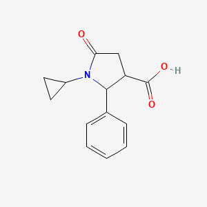 molecular formula C14H15NO3 B1532183 1-Cyclopropyl-5-oxo-2-phenylpyrrolidine-3-carboxylic acid CAS No. 1219571-56-8