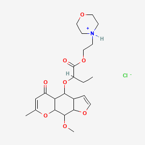 molecular formula C23H34ClNO8 B15343804 Butyric acid, 2-((9-methoxy-7-methyl-5-oxo-3a,4,4a,8a,9,9a-hexahydro-5H-furo(3,2-g)(1)benzopyran-4-yl)oxy)-, 2-morpholinoethyl ester, hydrochloride CAS No. 100700-32-1