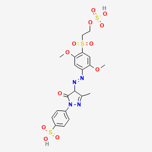 molecular formula C20H22N4O12S3 B15345381 Benzenesulfonic acid, 4-(4-((2,5-dimethoxy-4-((2-(sulfooxy)ethyl)sulfonyl)phenyl)azo)-4,5-dihydro-3-methyl-5-oxo-1H-pyrazol-1-yl)- CAS No. 25311-20-0