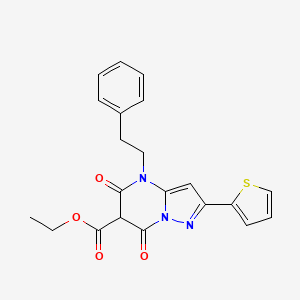 molecular formula C21H19N3O4S B15354970 Ethyl 5,7-dioxo-4-phenethyl-2-(thiophen-2-yl)-4,5,6,7-tetrahydropyrazolo[1,5-a]pyrimidine-6-carboxylate 