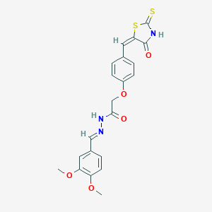 molecular formula C21H19N3O5S2 B153636 Acetic acid, (4-((4-oxo-2-thioxo-5-thiazolidinylidene)methyl)phenoxy)-, ((3,4-dimethoxyphenyl)methylene)hydrazide CAS No. 139298-32-1