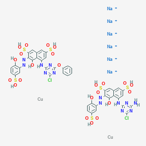 molecular formula C44H31Cl2Cu2N13Na6O23S6+6 B15374615 Hexasodium;5-[(4-amino-6-chloro-1,3,5-triazin-2-yl)amino]-4-hydroxy-3-[(2-hydroxy-5-sulfophenyl)diazenyl]naphthalene-2,7-disulfonic acid;5-[(4-chloro-6-phenoxy-1,3,5-triazin-2-yl)amino]-4-hydroxy-3-[(2-hydroxy-5-sulfophenyl)diazenyl]naphthalene-2,7-disulfonic acid;copper 