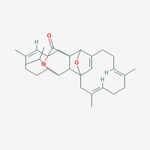 molecular formula C30H42O3 B153852 2H,9H,11H-9,20-Epoxy-1,8a-(epoxymethano)-20,10-methenocyclodecacyclotetradecen-23-one, 1,3,4,7,8,12,15,16,19,20a-decahydro-5,14,18-trimethyl-2-(1-methylethyl)-, (1R*,2S*,5E,8aS*,9R*,13E,17E,20S*,20aS*)- CAS No. 126770-37-4