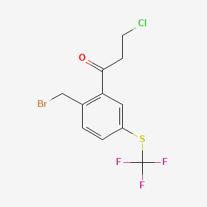 molecular formula C11H9BrClF3OS B15386317 1-(2-(Bromomethyl)-5-(trifluoromethylthio)phenyl)-3-chloropropan-1-one 