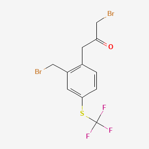 molecular formula C11H9Br2F3OS B15386624 1-Bromo-3-(2-(bromomethyl)-4-(trifluoromethylthio)phenyl)propan-2-one 
