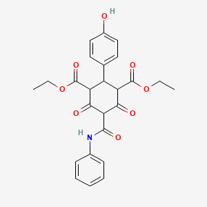 molecular formula C25H25NO8 B15388312 Diethyl 2-(4-hydroxyphenyl)-4,6-dioxo-5-(phenylcarbamoyl)cyclohexane-1,3-dicarboxylate CAS No. 10223-93-5