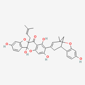 molecular formula C33H30O9 B15388714 11H-Benzofuro(3,2-b)(1)benzopyran-11-one, 2-(5,6-dihydro-9-hydroxy-2-methyl-2,6-methano-2H-1-benzoxocin-4-yl)-5a,10a-dihydro-1,3,5a,8-tetrahydroxy-10a-(3-methyl-2-butenyl)- CAS No. 81381-67-1
