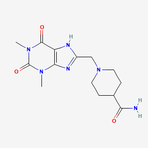 molecular formula C14H20N6O3 B15391548 1-((1,3-dimethyl-2,6-dioxo-2,3,6,7-tetrahydro-1H-purin-8-yl)methyl)piperidine-4-carboxamide 