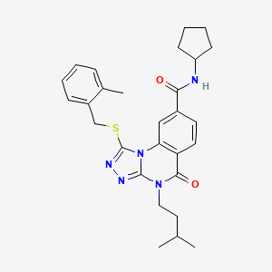 molecular formula C28H33N5O2S B15392343 N-cyclopentyl-4-isopentyl-1-((2-methylbenzyl)thio)-5-oxo-4,5-dihydro-[1,2,4]triazolo[4,3-a]quinazoline-8-carboxamide 