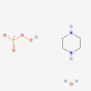 molecular formula C4H15N2O5P B15392525 Hydroperoxy-oxido-oxophosphanium;molecular hydrogen;piperazine;hydrate 
