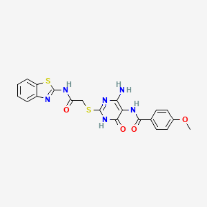 molecular formula C21H18N6O4S2 B15393590 N-(4-amino-2-((2-(benzo[d]thiazol-2-ylamino)-2-oxoethyl)thio)-6-oxo-1,6-dihydropyrimidin-5-yl)-4-methoxybenzamide 