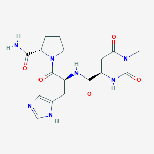 molecular formula C17H23N7O5 B154069 L-Prolinamide, N-((hexahydro-1-methyl-2,6-dioxo-4-pyrimidinyl)carbonyl)-L-histidyl-, (R)-, hydrate CAS No. 128111-67-1